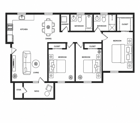 Floor plan for 3 beds, 2 baths, 1115 sqft